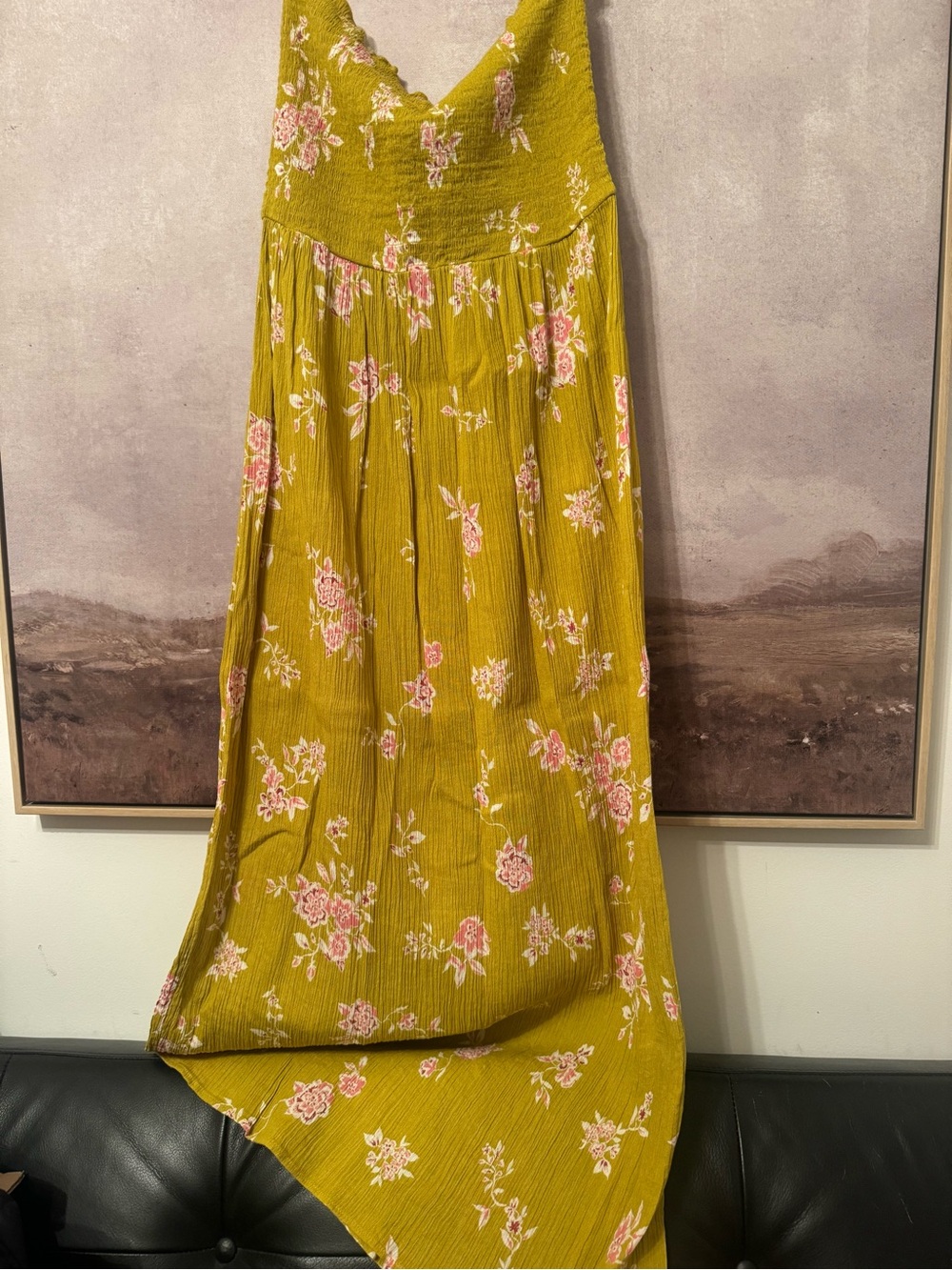 True Craft Mustard Floral Maxi Skirt / dress with Pink Blossoms  / Size L